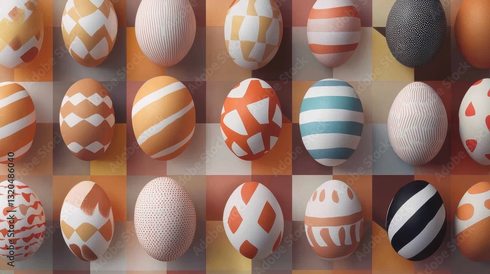 Poster collection of decorated easter eggs with geometric and abstract patterns on a tile background