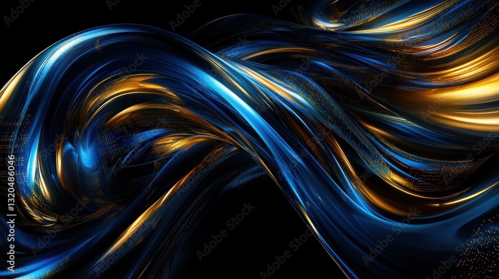 Poster futuristic blue and gold digital data streams flowing through a high-tech space, evoking speed and i