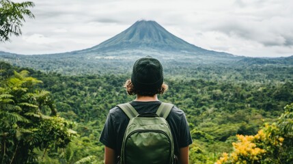A traveler gazes at a majestic volcano surrounded by lush greenery, capturing the beauty of nature's landscapes.
