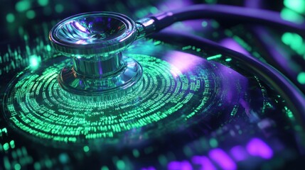 Futuristic healthcare: a stethoscope shines under holographic green and purple code, representing digital diagnostics.