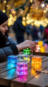 Illuminated Cube Puzzle Game at Outdoor Market