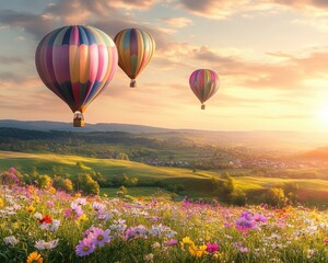 Fototapeta premium Colorful Hot Air Balloons Over a Vibrant Flower Field at Sunrise