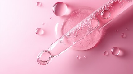 Glass dropper filled with hyaluronic acid gel serum, air bubbles inside the liquid, skincare on pink backdrop