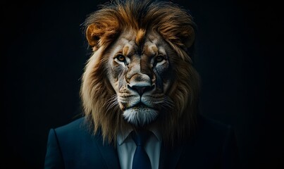 Fototapeta premium a lion's face with human-like attire in a dark background.