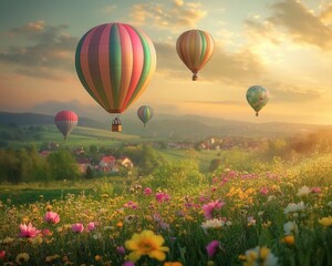 Fototapeta premium Colorful Hot Air Balloons Soaring Over a Blooming Field at Sunrise