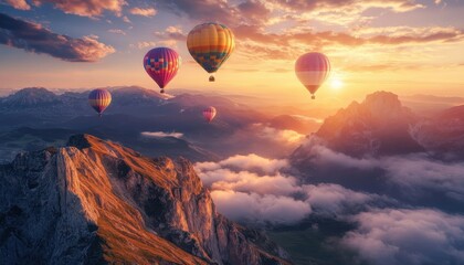 Fototapeta premium Colorful Hot Air Balloons Soaring Over Majestic Mountains at Sunrise