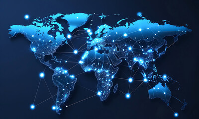 Futuristic Digital World Map Glowing Blue Network And Global Connectivity