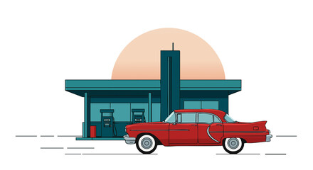Car gas station in retro style. Classic car with gas station. Transparent PNG version.	
