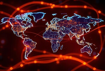 Global network data streams visualized as glowing lines across a world map, world, worldwide network