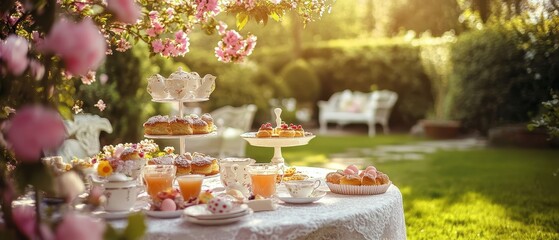 Elegant Outdoor Tea Party with Pink Flowers and Pastries
