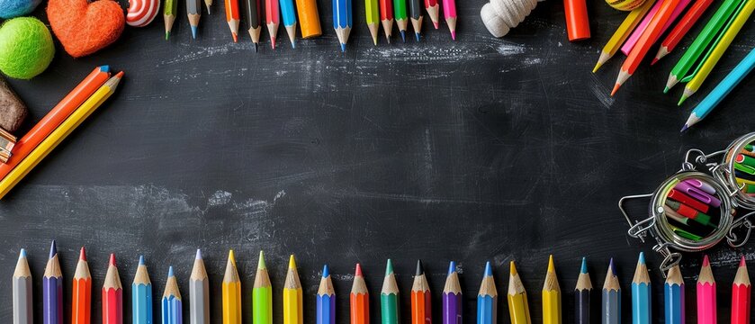 Energetic panoramic arrangement of colorful school stationery creating a vibrant border on a black chalkboard background, ideal for educational themes and creative learning concepts.