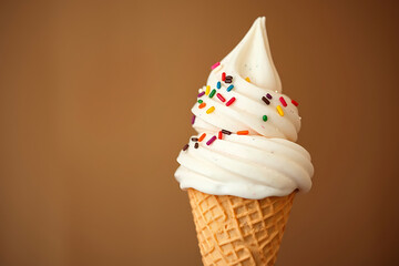 Ice cream cone stock-image with a perfectly swirled scoop of creamy vanilla ice cream, topped with colorful sprinkles, creating a sweet, fun, and indulgent treat that brings joy and nostalgia