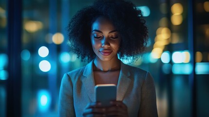 A confident businesswoman, her face illuminated by the glow of her phone screen, exuded an aura of success as she engaged in a lively text conversation amidst the sleek, modern surroundings of her