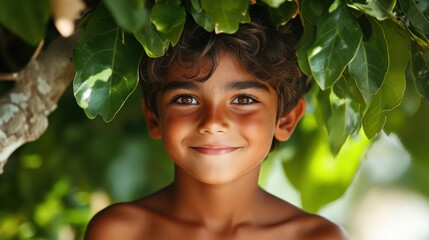 A bright-eyed boy, his face illuminated by a warm, sunny smile, frolicked under a leafy canopy, his youthful spirit radiating joy and carefree happiness.