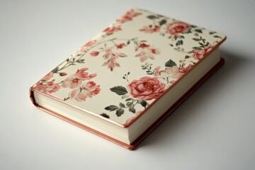 A closed book with a floral pattern on the cover