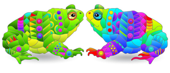 A set of illustrations in the style of stained glass with toads , animals isolated on a white background