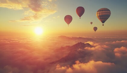 Fototapeta premium Hot Air Balloons Soaring Above a Mountainous Landscape at Sunset