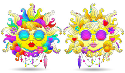 A set of stained-glass illustration with bright suns with faces  isolated on a white background
