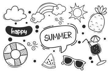 Hand drawn summer doodles, fruits and cocktails sketches, cute summertime stickers vector set