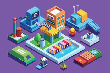 Obraz premium A colorful isometric illustration shows diverse buildings, pathways, and greenery in a stylized urban setup, Static assets Customizable Isometric Illustration