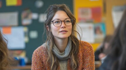 A vibrant teacher, her eyes alight with enthusiasm, engaged her diverse class in a stimulating discussion, sparking curiosity and fostering a sense of community within the classroom.