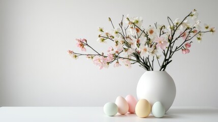 Pastel Easter Eggs and Delicate Pink and White Spring Flowers in a White Vase on a White Table
