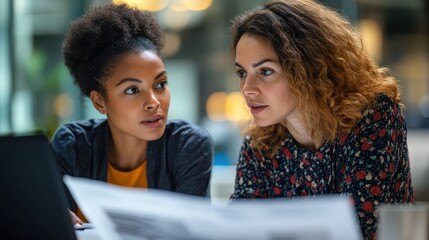 Two successful female business partners, their faces illuminated by a shared sense of accomplishment, exchanged knowing glances as they meticulously reviewed a document together, their collaborative