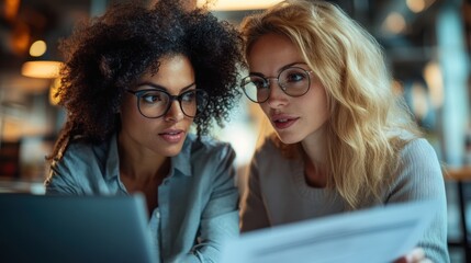 Two successful female business partners, their faces illuminated by a shared sense of accomplishment, exchanged knowing glances as they meticulously reviewed a document together, their collaborative