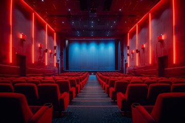 Fototapeta premium A spacious cinema hall with vibrant red seats and neon lighting, featuring a large blank screen ready for a movie projection.
