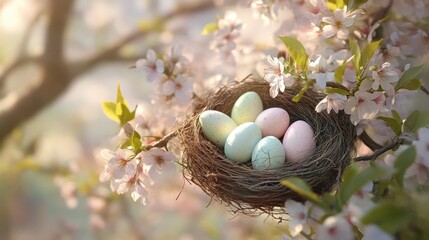Pastel Easter Eggs in a Bird Nest Among Delicate Pink Blossoms