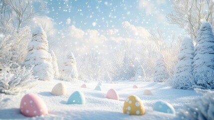 Pastel Easter Eggs in Snowy Winter Forest