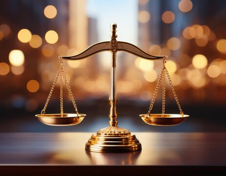 a golden balance scale symbolizes justice and fairness against a blurred modern background