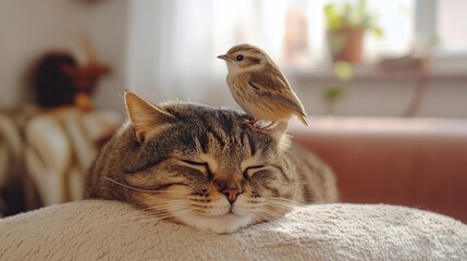 Sleeping cat with bird perched on its head: unexpected friendship