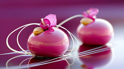 Fototapeta premium Elegant pink desserts, orchid garnish, reflective surface, close-up shot, food photography