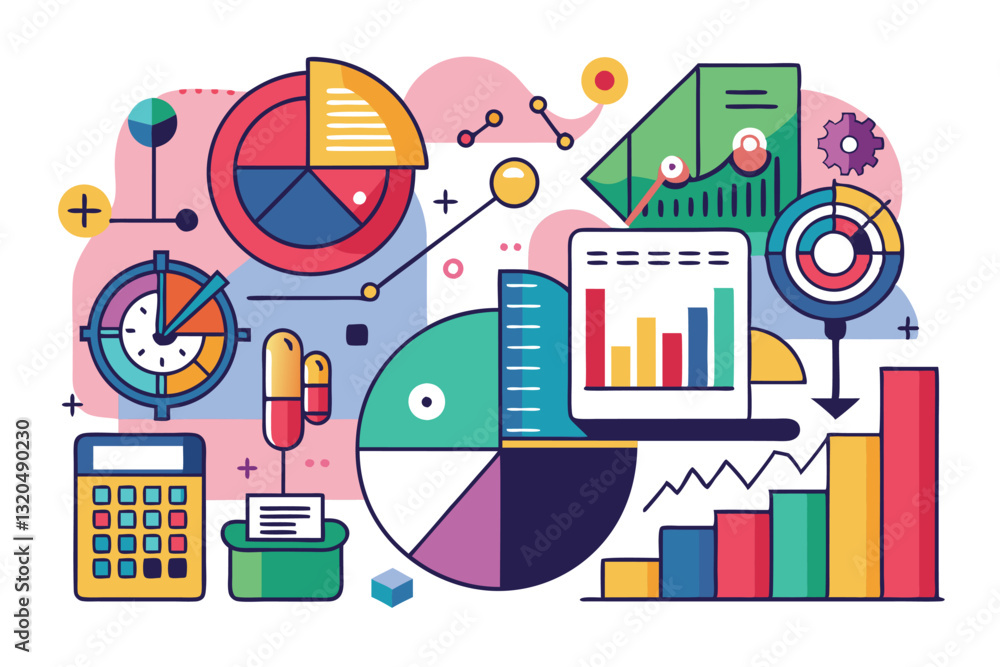 Poster a vibrant graphic featuring diverse charts, graphs, and calculators representing data analysis conce