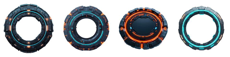 Naklejka premium Futuristic and digital glowing circular interfaces frames HUD and virtual hologram elements for science fiction cyberpunk and technology concept and design