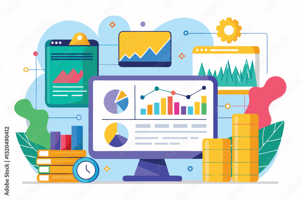 Poster a colorful statistics dashboard displays various graphs and charts for insightful data analysis, sta