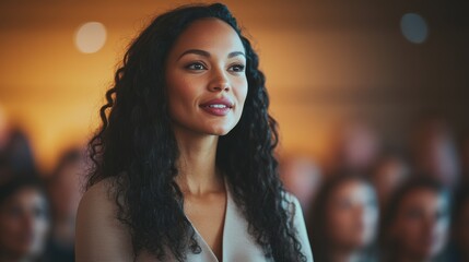 Fototapeta premium A confident female speaker, her words radiating warmth and empowerment, captivated a diverse group of individuals gathered in a sleek, contemporary conference room, their faces illuminated by the