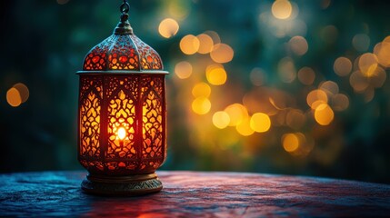 A vibrant backdrop of Ramadan Kareem, illuminated by the warm glow of an eid lantern or lamp, signifying the joyous end of Ramadan and the celebration of Eid Mubarak.