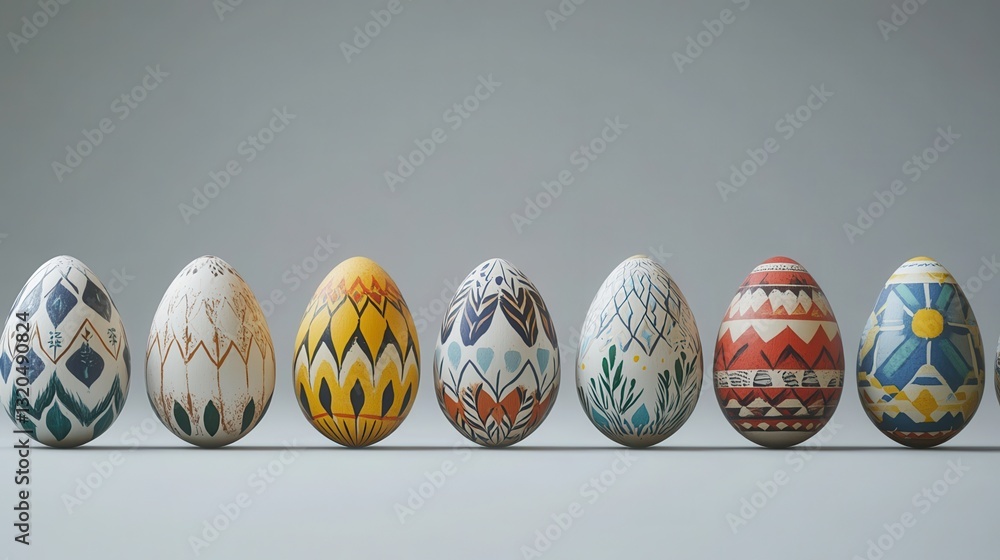 Poster row of colorful pixel art easter eggs with geometric and ethnic patterns on white background