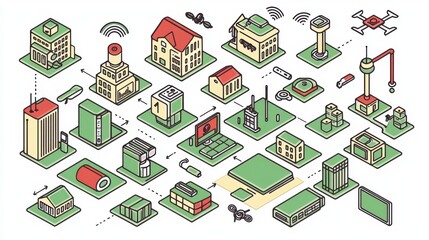 Modern Cityscape with Buildings, Drones, and Smart Technology Elements