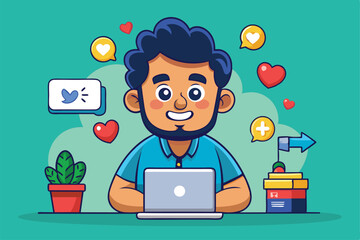 A cheerful person updates social media on a laptop surrounded by hearts and symbols in a bright setting, Status update Customizable Cartoon Illustration