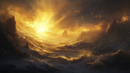 Obraz premium Golden light radiates outward, sending waves of shimmering particles into the deep, mysterious darkness.