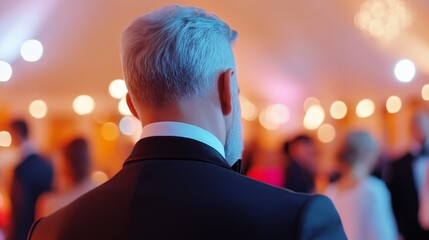 Elegant evening event with guests mingling in formal attire and blurred background lights in a luxurious setting