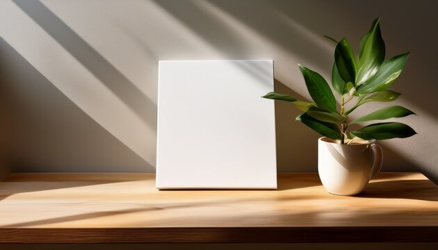 blank canvas on wooden table with natural light and green plant in soft shadow for art and design inspirations