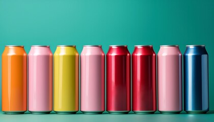 Fototapeta premium a vibrant display of colorful aluminum cans arranged in a row showcasing various hues of pink blue red and yellow against a soothing turquoise backdrop