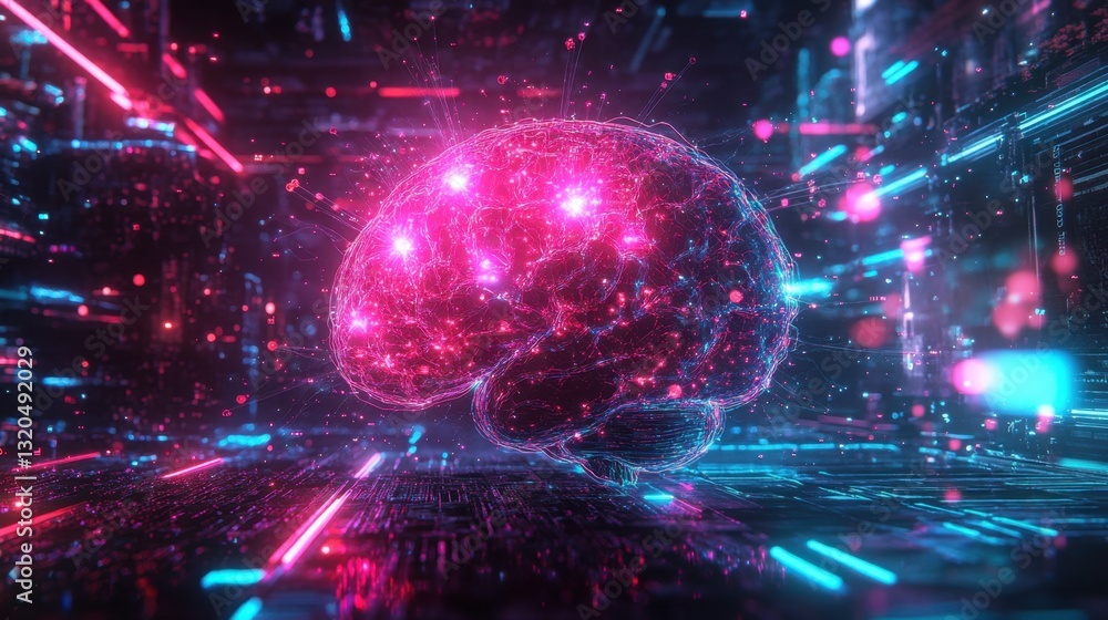 Poster high-tech digital brain with pulsating neural connections, deep-learning pathways shining in neon hu