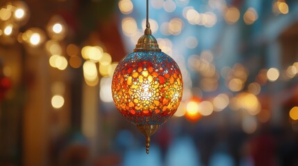 A vibrant Islamic lantern, casting a warm, ethereal glow, hangs softly in the blurred background of a Ramadan Kareem Eid celebration, evoking a sense of peace and anticipation.