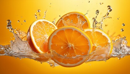freshly sliced oranges create an inviting splash against a bright yellow background showcasing a vibrant and refreshing display