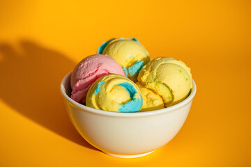 Fototapeta premium Ice cream scoops in a bowl stock-image, featuring a variety of creamy, colorful ice cream scoops piled high, offering a perfect indulgence for dessert lovers, with rich textures and vibrant hues creat